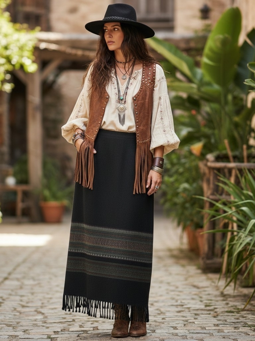 Vintage Michele Petites Wool Blend Southwestern Fringe Maxi Skirt Boho Size 12